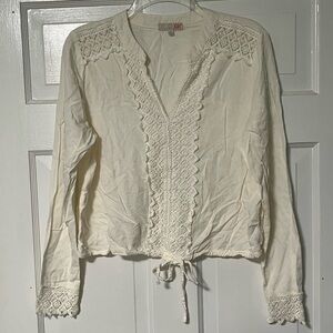 Gianni Bini Cream v-neck lace-trim long sleeve Blouse drawstring hem